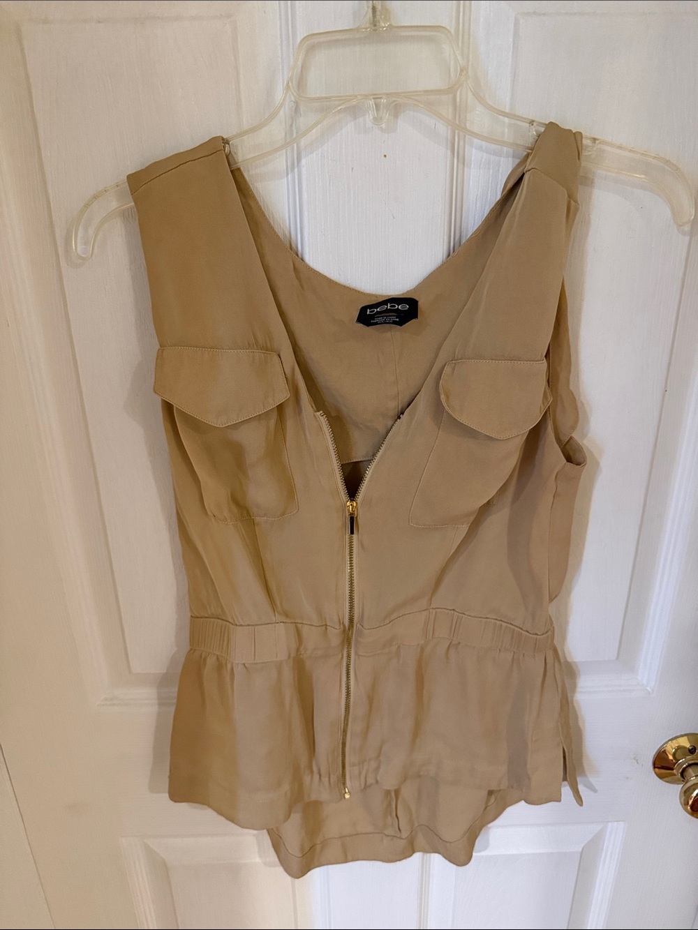 bebe Beige Sleeveless Zip-Front Top